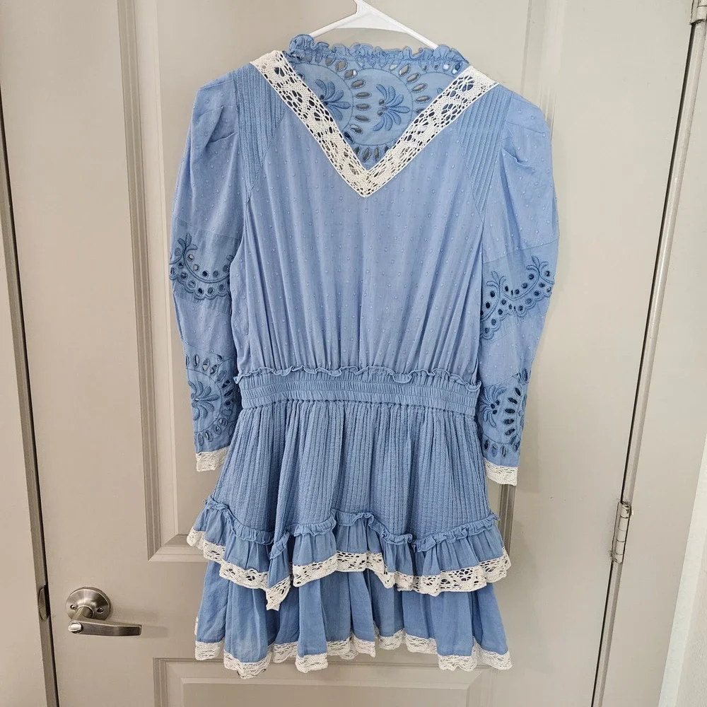 LoveShackFancy Light Blue and White Eyelet Lace Mini Dress - Picture 8 of 11